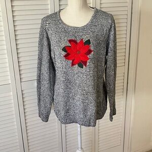 Croft & Barrow Gray Sweater with Red Poinsettia Flower size XL